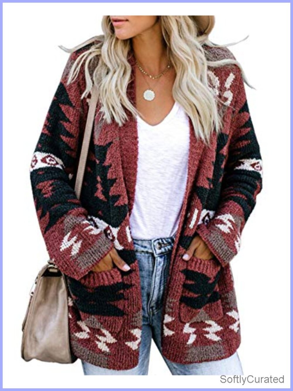 Boho Aztec Open Front Cardigan Long Sleeve Knit Sweater Coat with Pockets